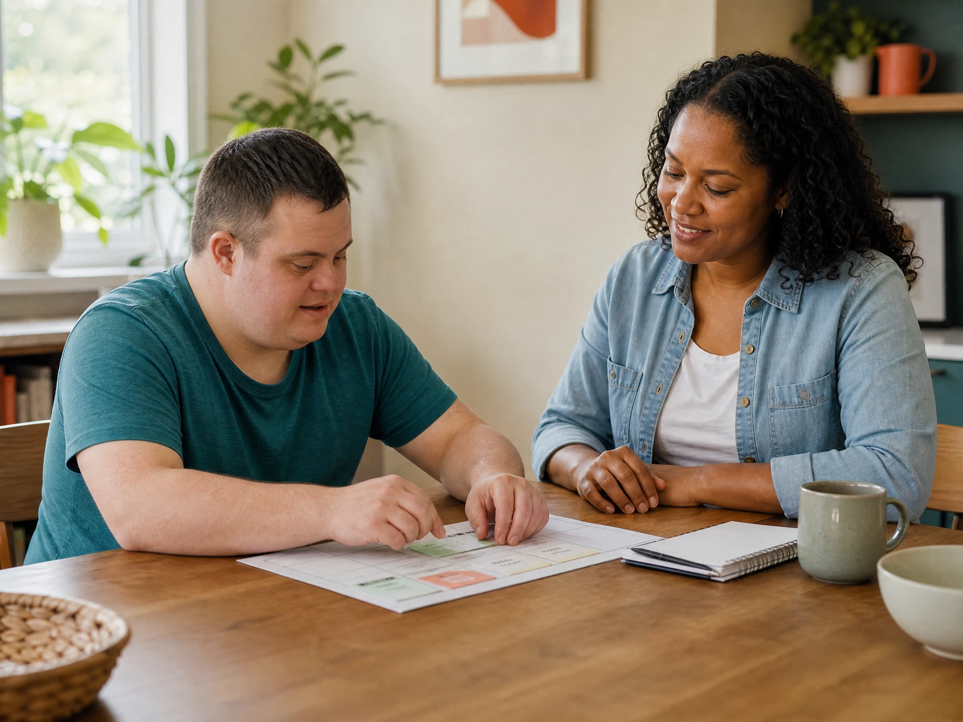An adult practicing everyday planning and independent-living skills with a support professional